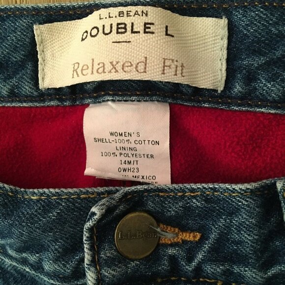 LL Bean Womens Double L Relaxed Fit Denim Jeans Red Flannel Lined Size 14M T - Picture 3 of 5